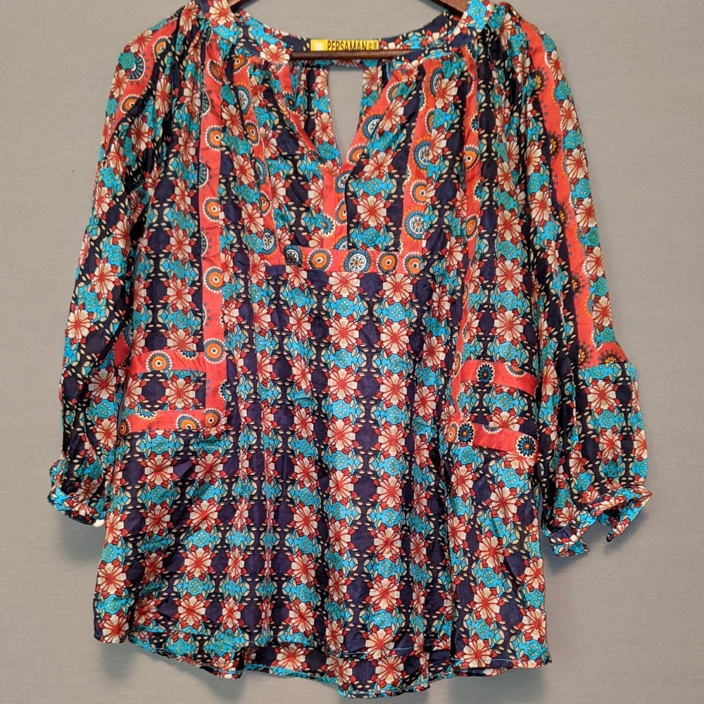 100% silk unique printed blouse with sleeves